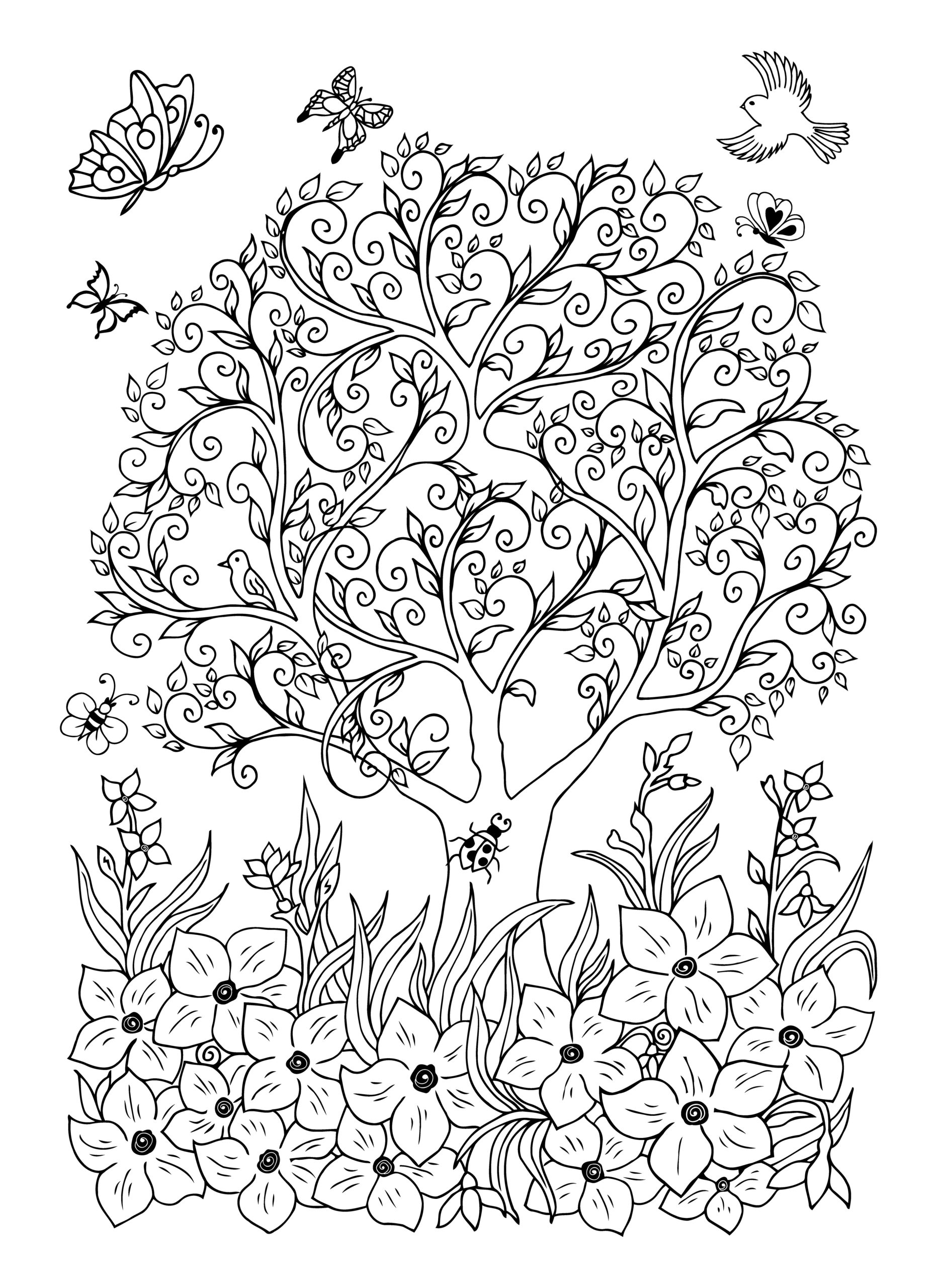 Vector illustration. Magnificent tree surrounded by flowers. Coloring ...